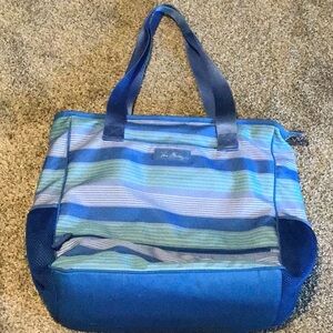 Vera Bradley blue green striped large multi purpose shoulder bag tote.